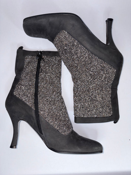 Tweed Brown Suede Square Toes Boots | Sz US 8.5