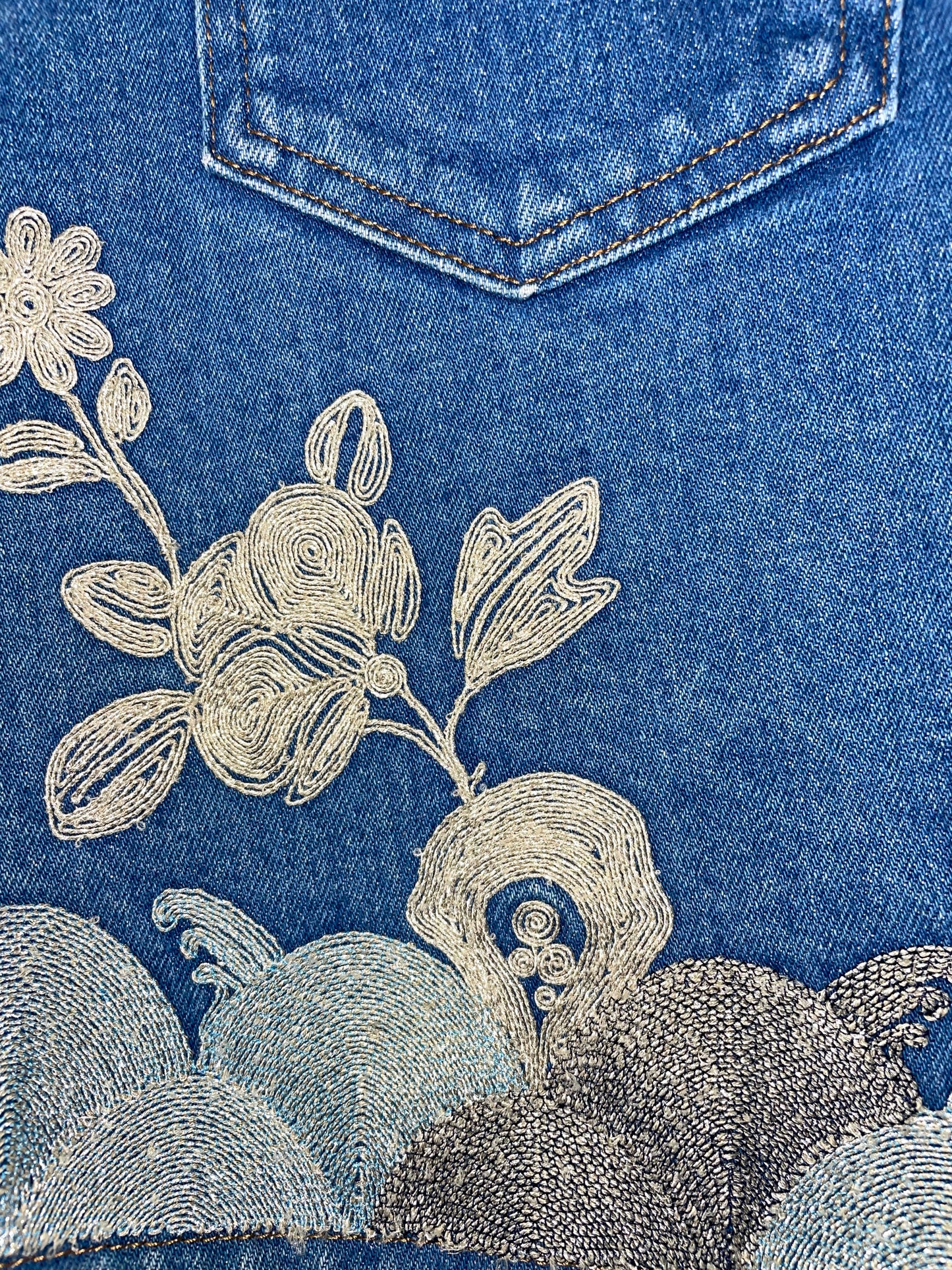 Embroidered Floral Butterfly Washed Denim Mini Skirt | IT38 UK6 XSmall