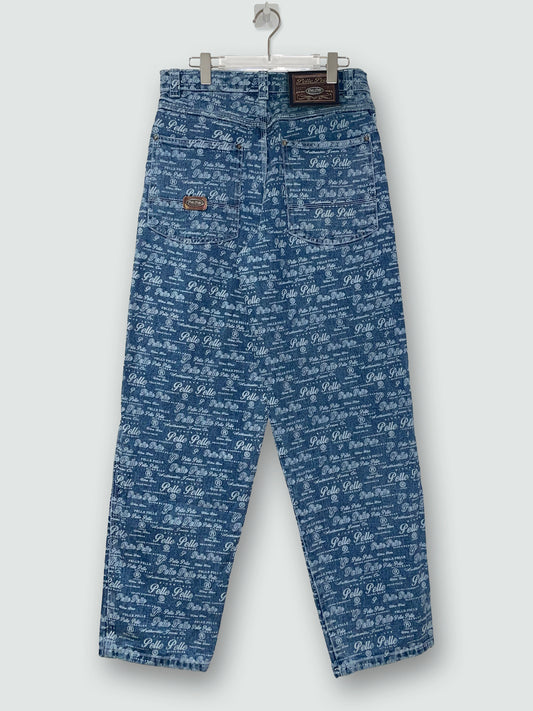 90s Logo Repeat Pattern Print Denim Wide Jeans | Size 32 Medium