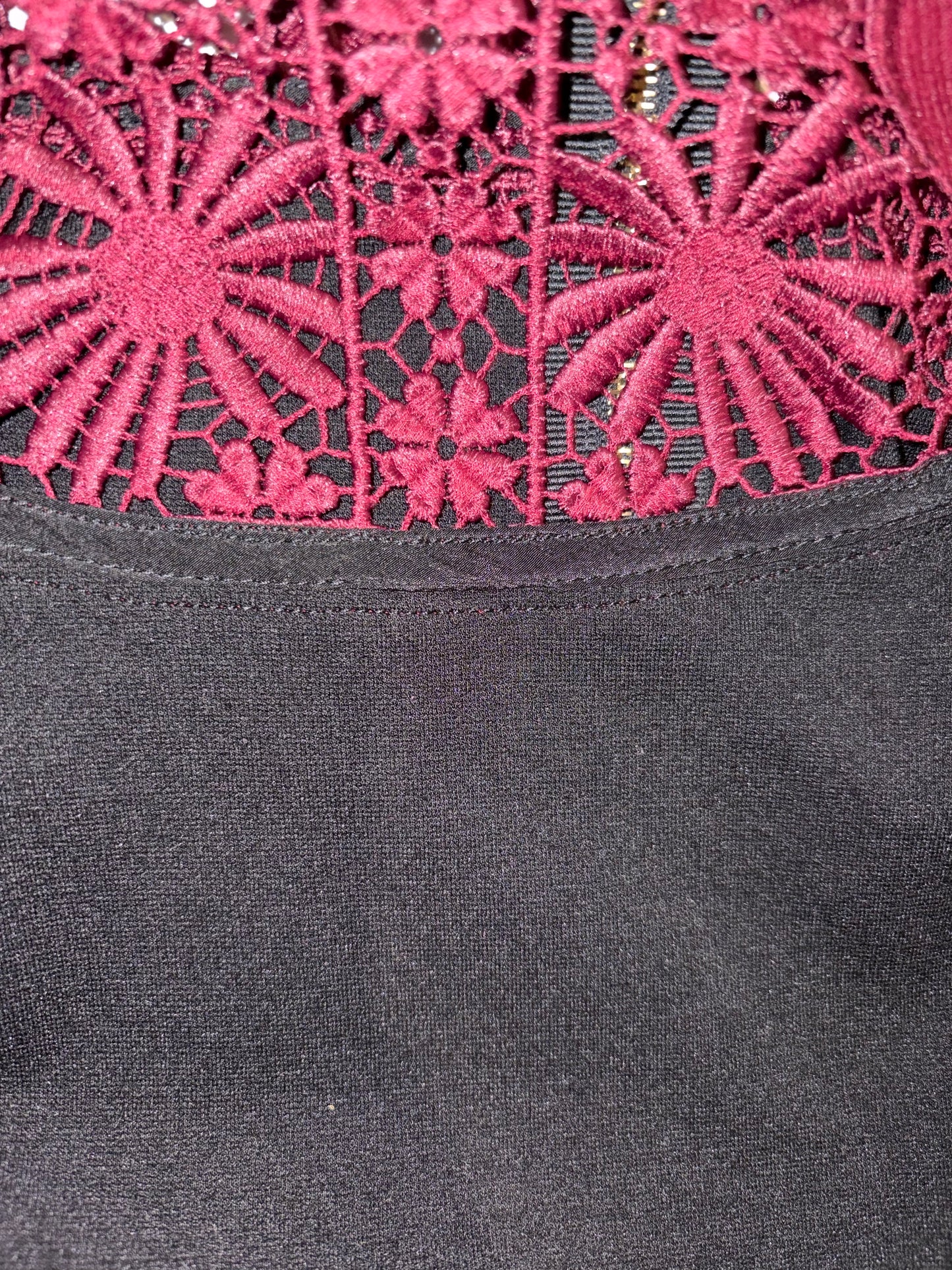 Black Burgundy Lace Accent Crew Neck Sleeve A-Line Dress |Sz UK12~ Small