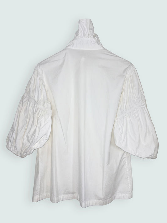 White Cotton Frill Neck Blouse Ruched Balloon Sleeves | Sz UK6