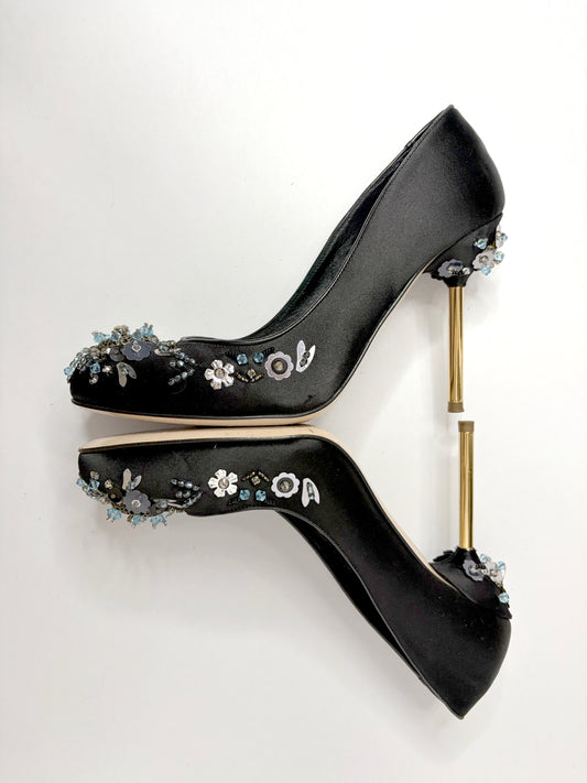 2006 Fall/Winter Black Satin Pumps Sequin w/ Gold Heels | Sz 38.5