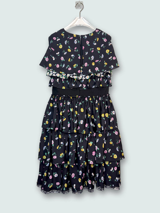 100% Silk Sleeveless Black Floral Tiered Lace Ruffle Dress |Sz FR40