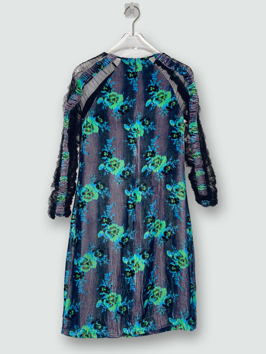 Pre Fall 2013 Ruched Tulle Velvet Floral Blue Dress | Size XS