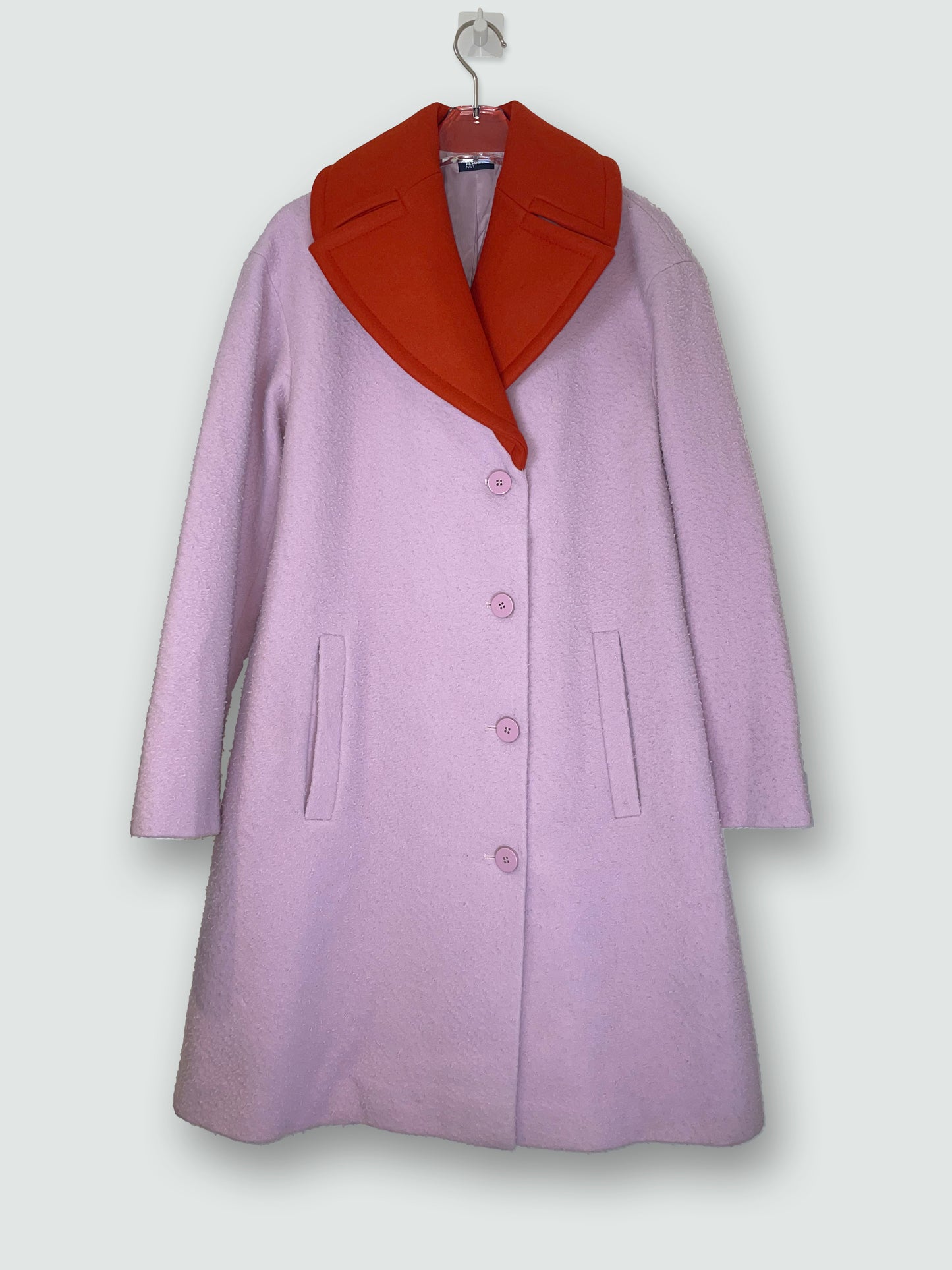 Pink 100% Virgin Wool Coat Red Collar, Belt | GR32, UK6, XSmall