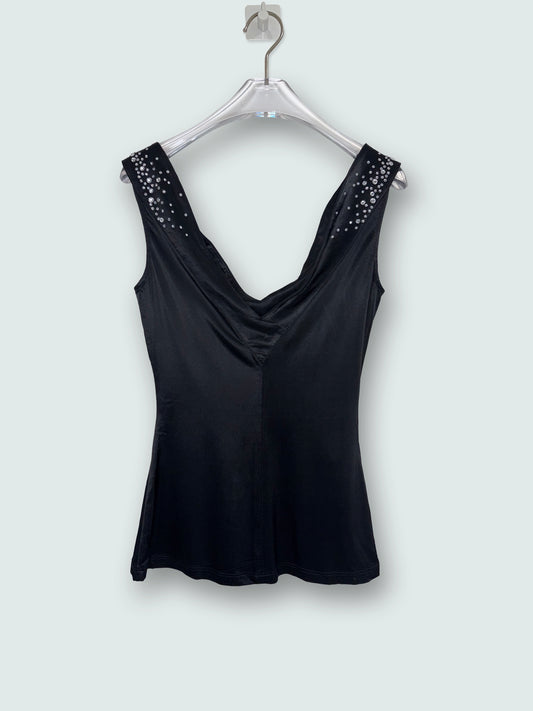 Crystal Rhinestone Embellish Bedazzled V-Neck Black Top | Sz FR36