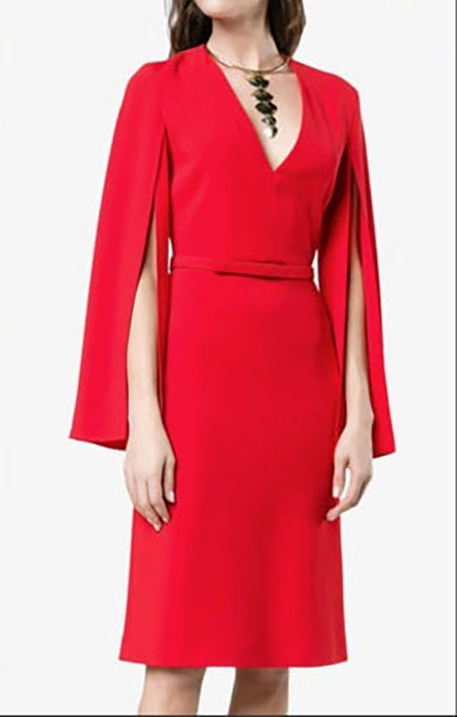 Slit Sleeves Silk Lined Belted Midi Dress Red | Sz IT 38