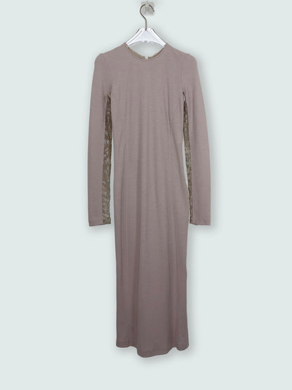 Beige Crew Neck Long Sleeve Sheath Dress Metallic Lace | Sz XS