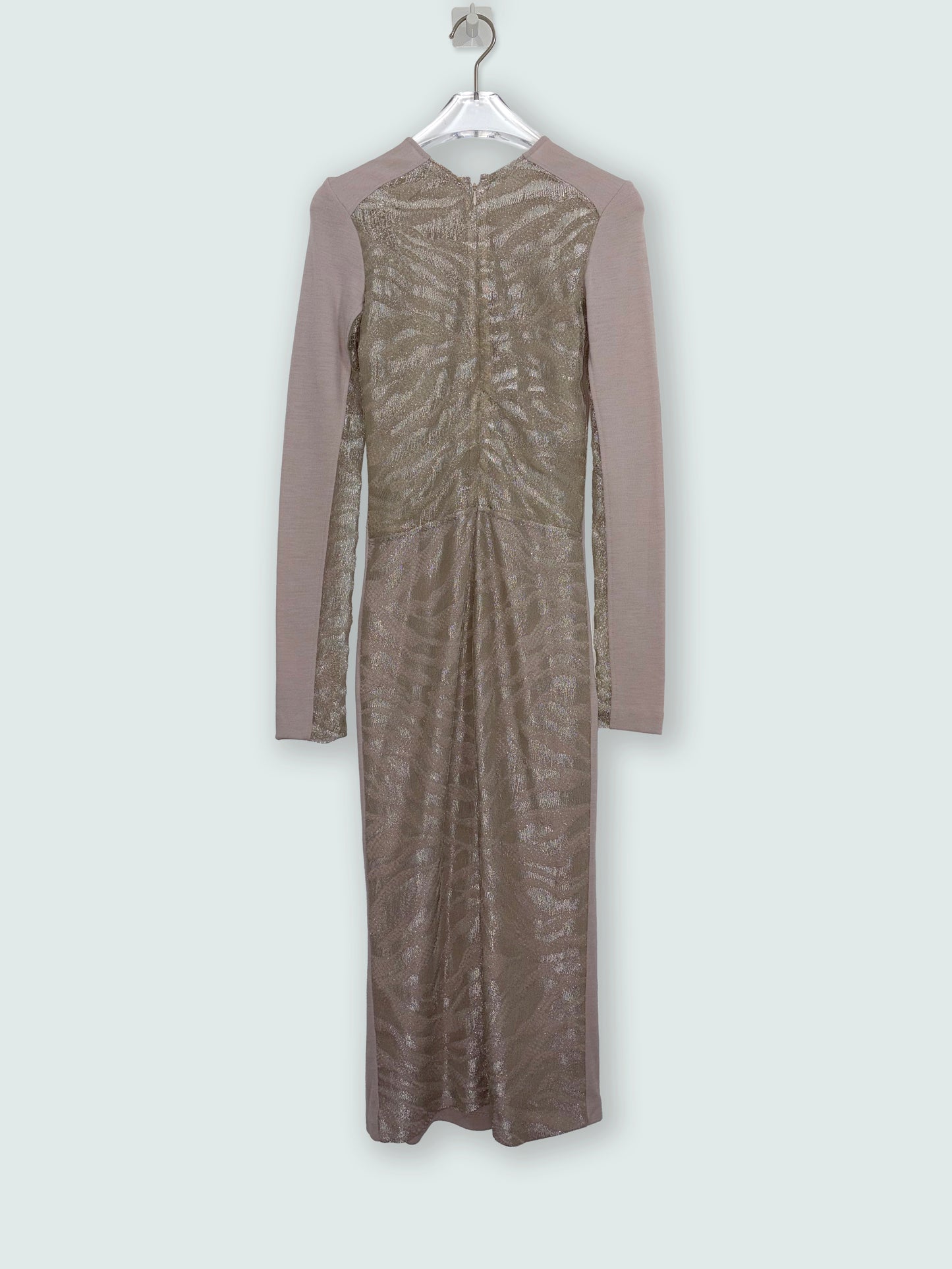 Beige Crew Neck Long Sleeve Sheath Dress Metallic Lace | Sz XS