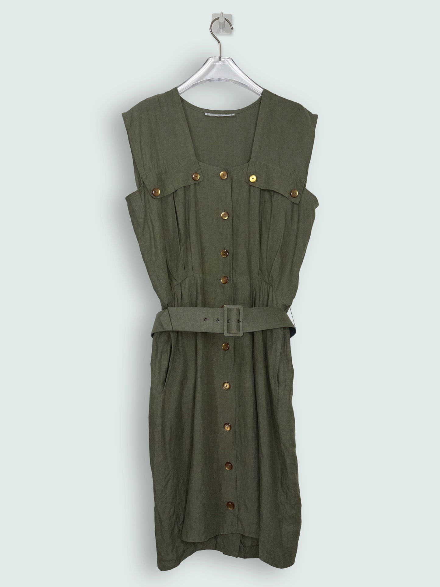 Vintage 70s Olive Green Linen Utility Midi Dress | Sz FR40