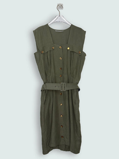Vintage 70s Olive Green Linen Utility Midi Dress | Sz FR40