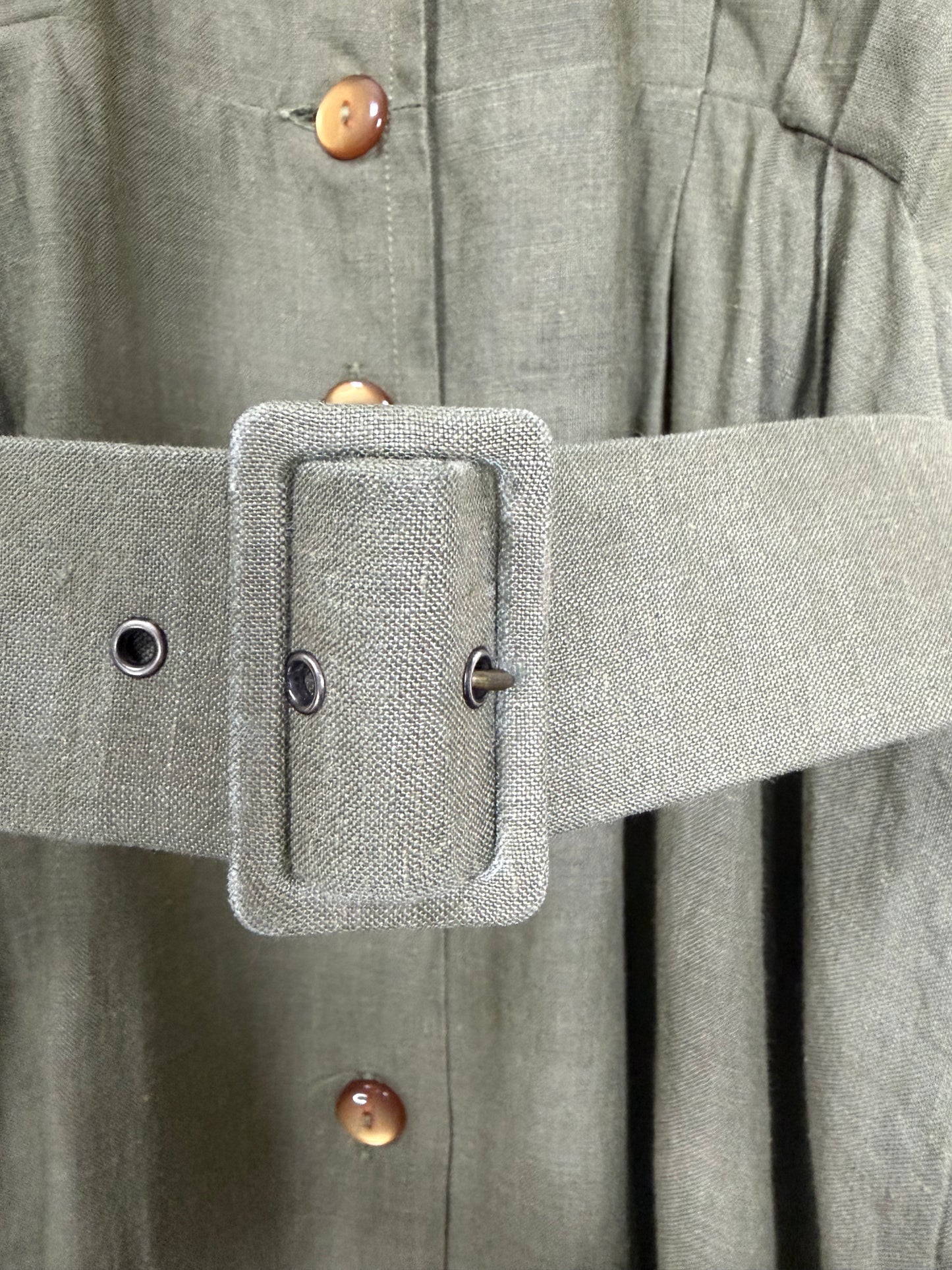 Vintage 70s Olive Green Linen Utility Midi Dress | Sz FR40
