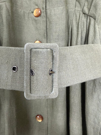 Vintage 70s Olive Green Linen Utility Midi Dress | Sz FR40