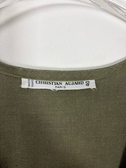Vintage 70s Olive Green Linen Utility Midi Dress | Sz FR40