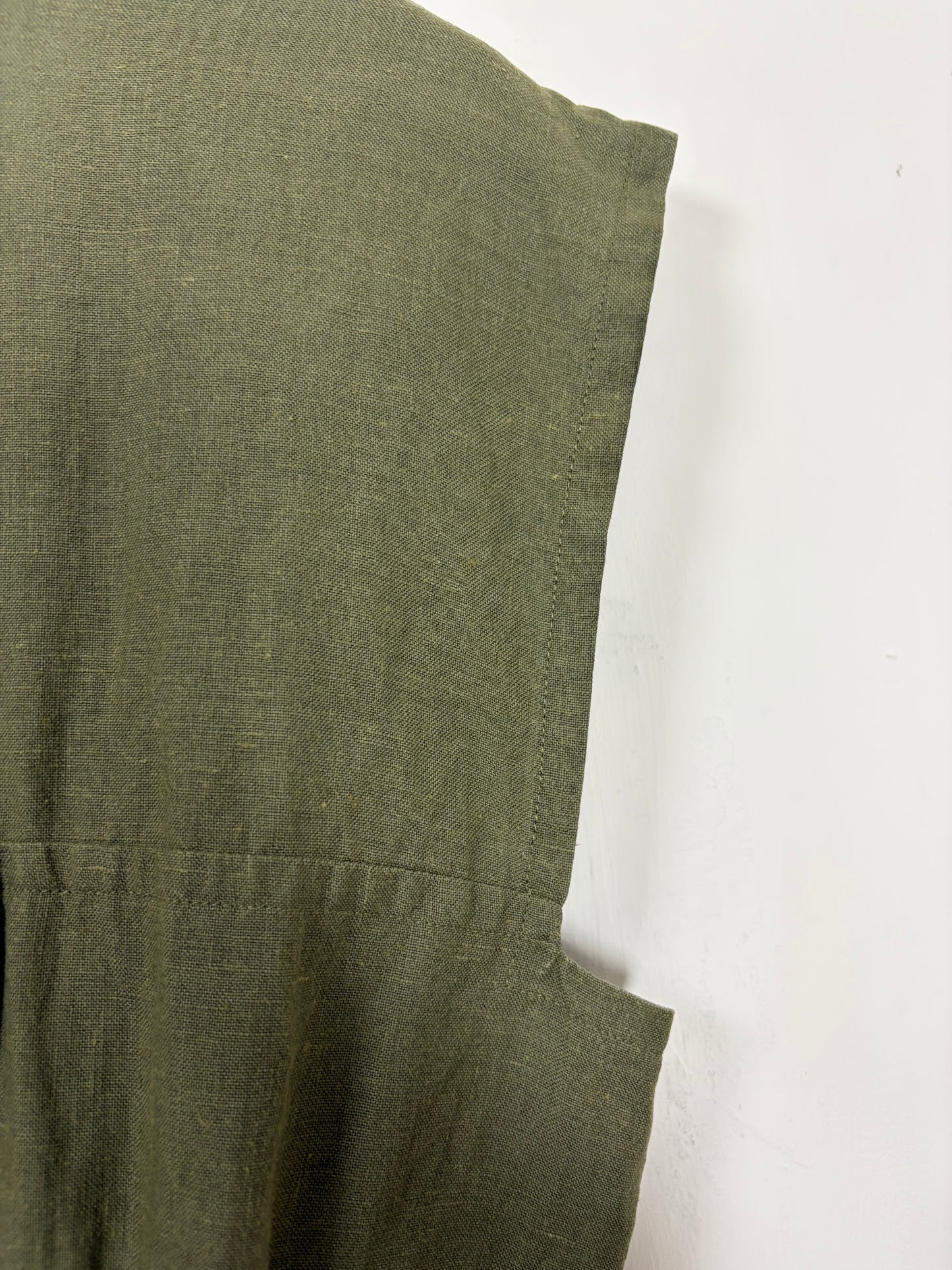 Vintage 70s Olive Green Linen Utility Midi Dress | Sz FR40