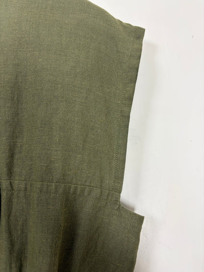Vintage 70s Olive Green Linen Utility Midi Dress | Sz FR40