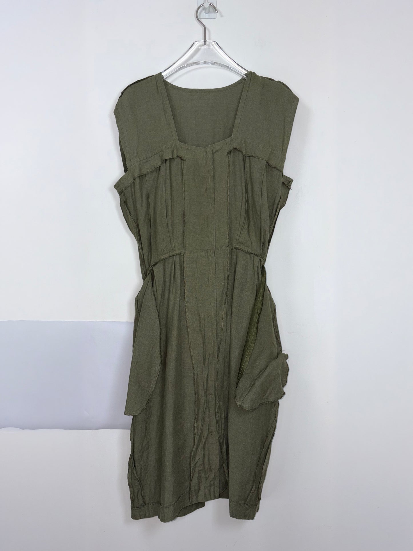 Vintage 70s Olive Green Linen Utility Midi Dress | Sz FR40