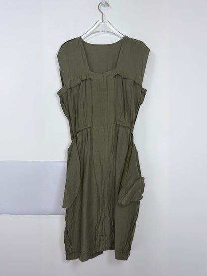 Vintage 70s Olive Green Linen Utility Midi Dress | Sz FR40