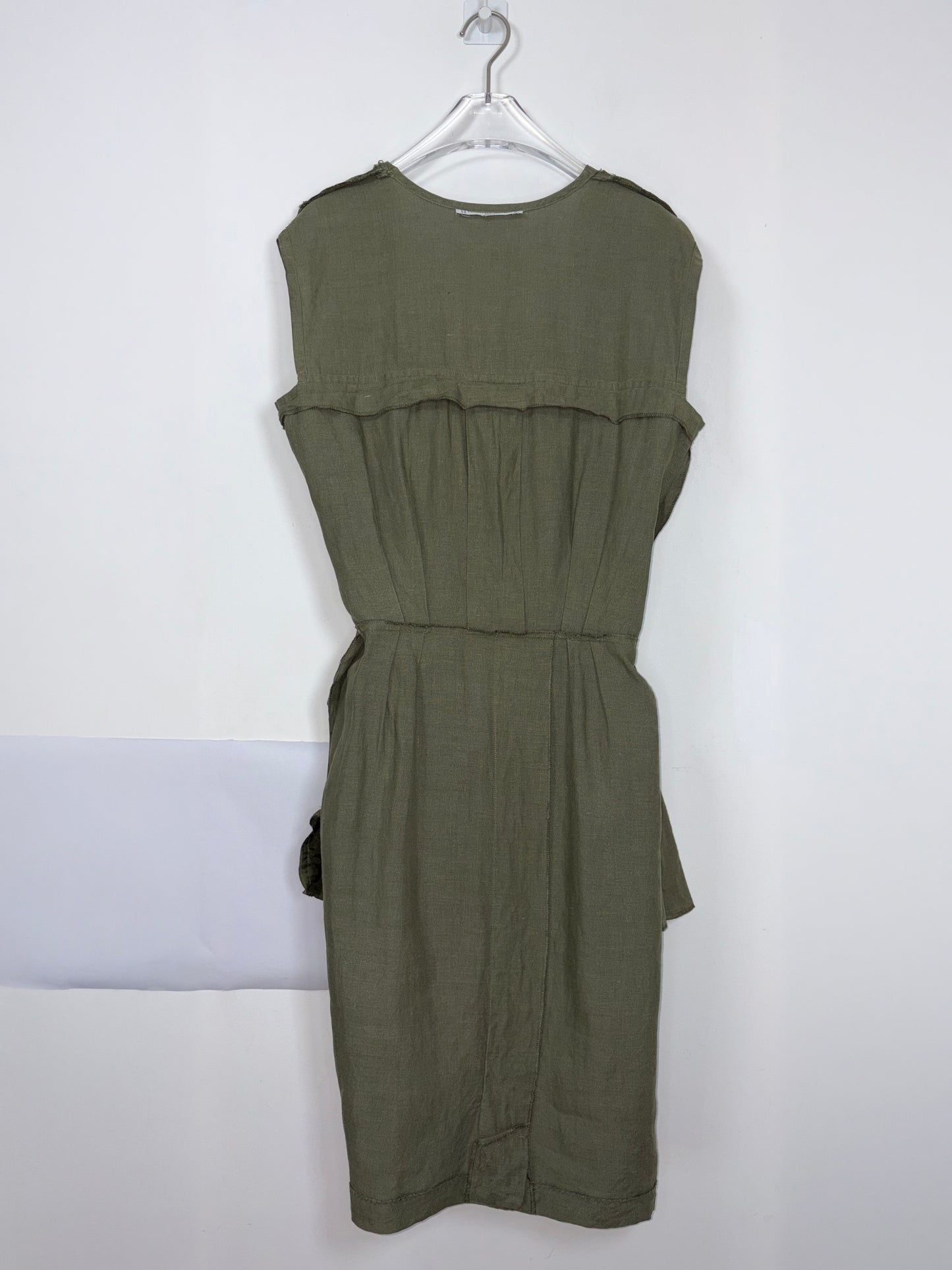 Vintage 70s Olive Green Linen Utility Midi Dress | Sz FR40