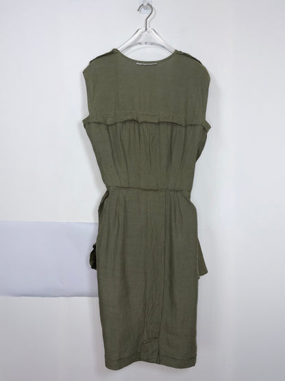 Vintage 70s Olive Green Linen Utility Midi Dress | Sz FR40