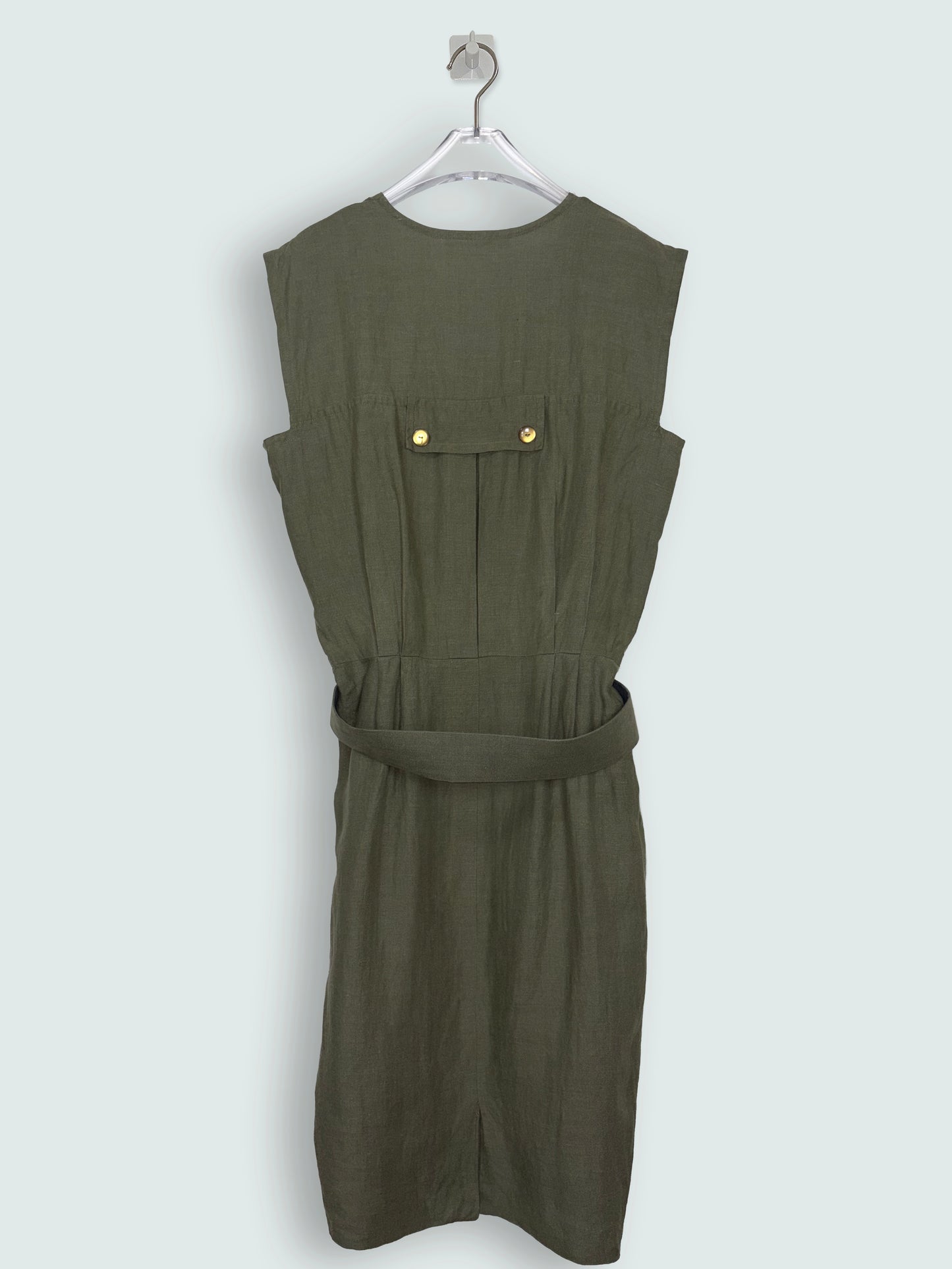 Vintage 70s Olive Green Linen Utility Midi Dress | Sz FR40