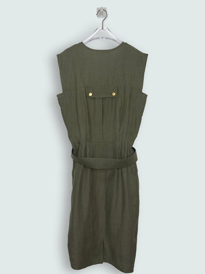Vintage 70s Olive Green Linen Utility Midi Dress | Sz FR40