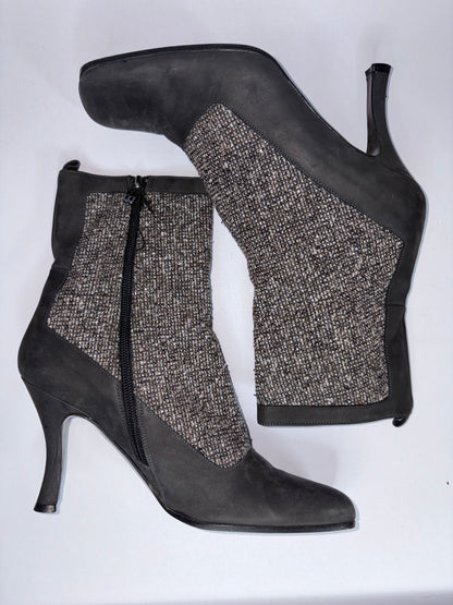 Tweed Brown Suede Square Toes Boots | Sz US 8.5