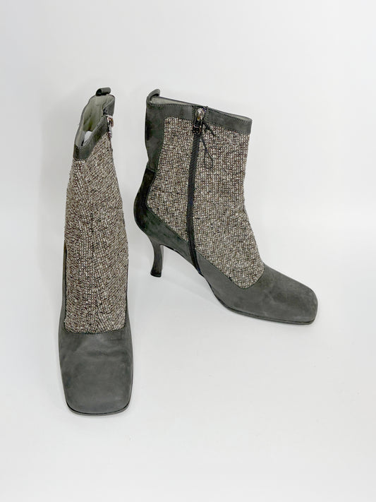 Tweed Brown Suede Square Toes Boots | Sz US 8.5