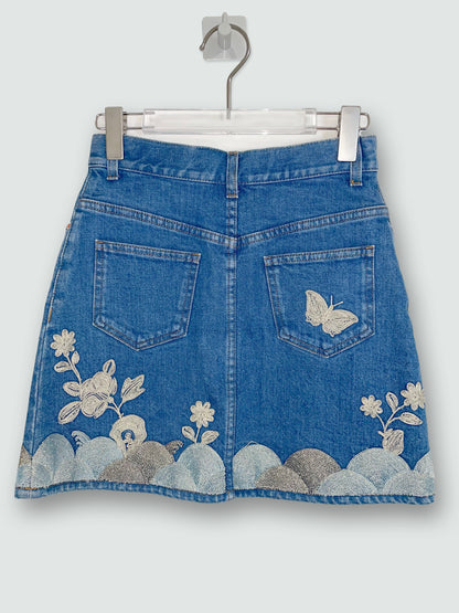 Embroidered Floral Butterfly Washed Denim Mini Skirt | IT38 UK6 XSmall