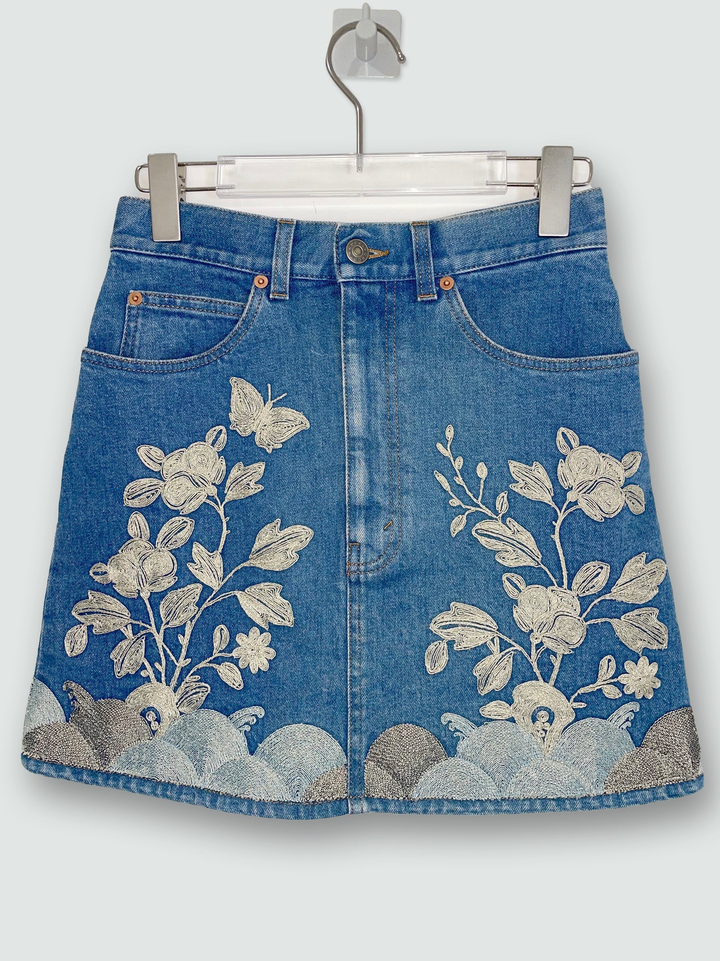 Embroidered Floral Butterfly Washed Denim Mini Skirt | IT38 UK6 XSmall
