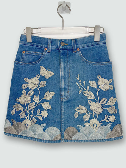 Embroidered Floral Butterfly Washed Denim Mini Skirt | IT38 UK6 XSmall