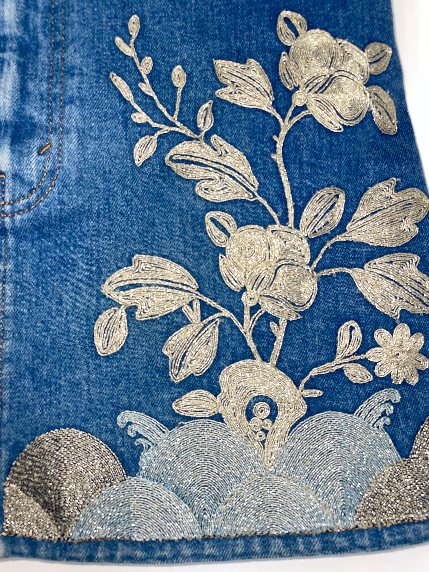 Embroidered Floral Butterfly Washed Denim Mini Skirt | IT38 UK6 XSmall