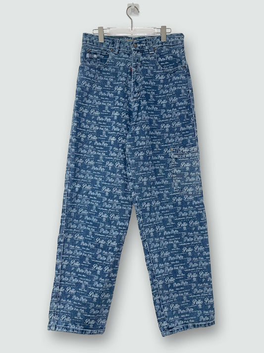 90s Logo Repeat Pattern Print Denim Wide Jeans | Size 32 Medium