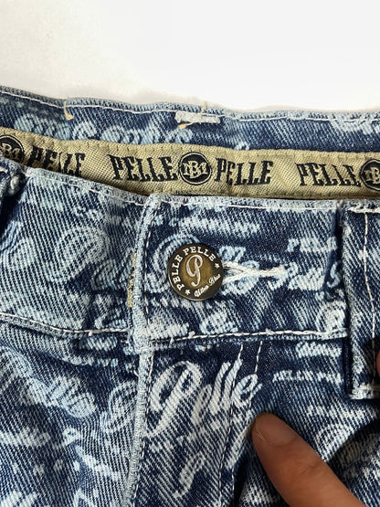 90s Logo Repeat Pattern Print Denim Wide Jeans | Size 32 Medium