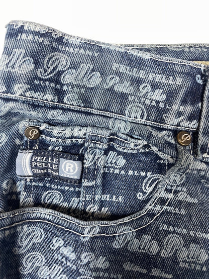 90s Logo Repeat Pattern Print Denim Wide Jeans | Size 32 Medium