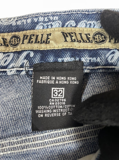 90s Logo Repeat Pattern Print Denim Wide Jeans | Size 32 Medium