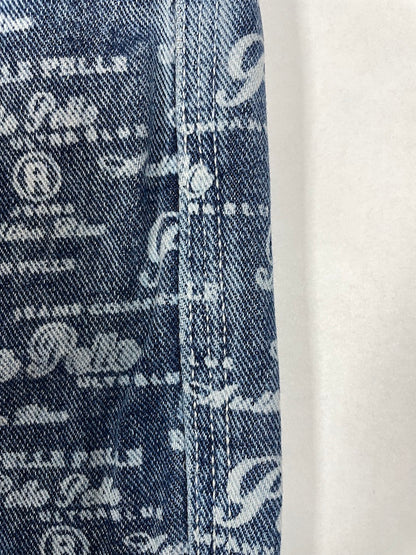 90s Logo Repeat Pattern Print Denim Wide Jeans | Size 32 Medium