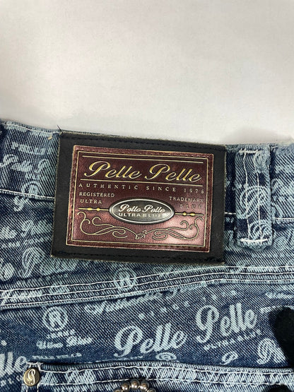 90s Logo Repeat Pattern Print Denim Wide Jeans | Size 32 Medium