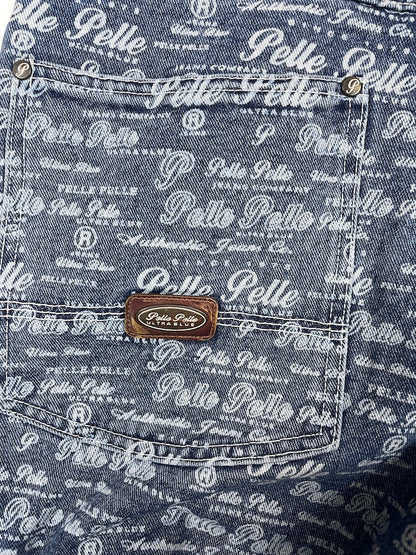 90s Logo Repeat Pattern Print Denim Wide Jeans | Size 32 Medium