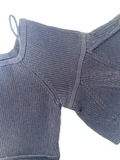Off Shoulder Flare Bell Sleeves Knit Black Top | Size Small