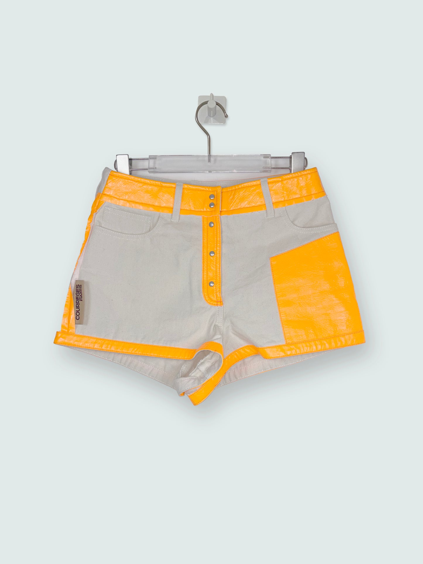 *RUNWAY* SS 2019 Beige Shorts Neon Orange Vinyl Patchwork | Sz FR36
