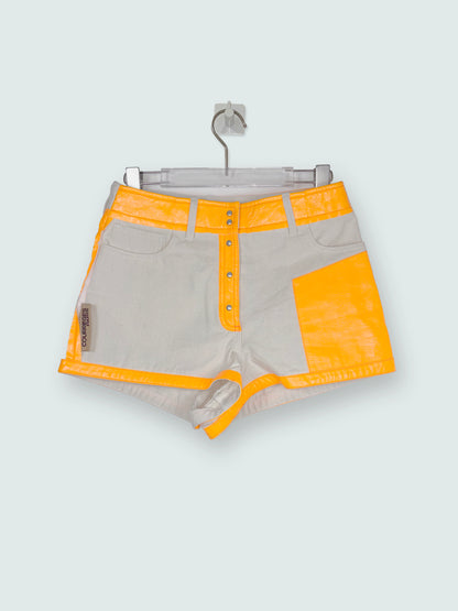 *RUNWAY* SS 2019 Beige Shorts Neon Orange Vinyl Patchwork | Sz FR36