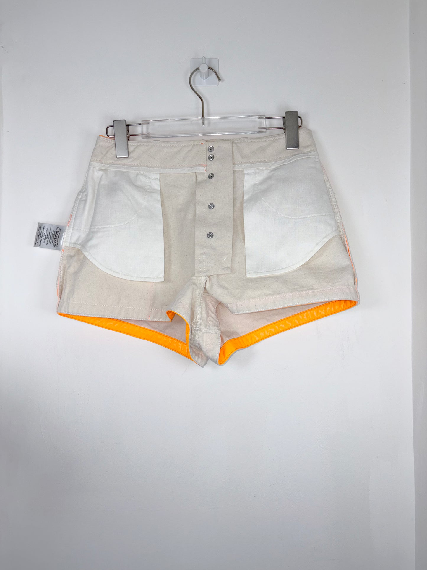 *RUNWAY* SS 2019 Beige Shorts Neon Orange Vinyl Patchwork | Sz FR36