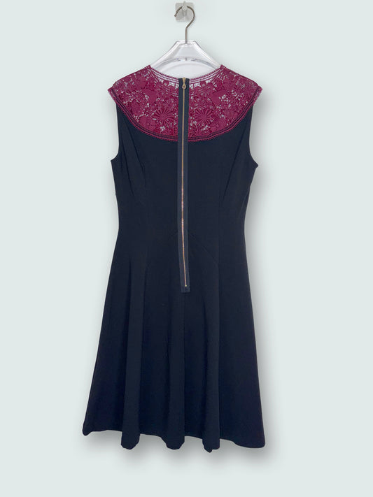 Black Burgundy Lace Accent Crew Neck Sleeve A-Line Dress |Sz UK12~ Small