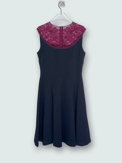 Black Burgundy Lace Accent Crew Neck Sleeve A-Line Dress |Sz UK12~ Small