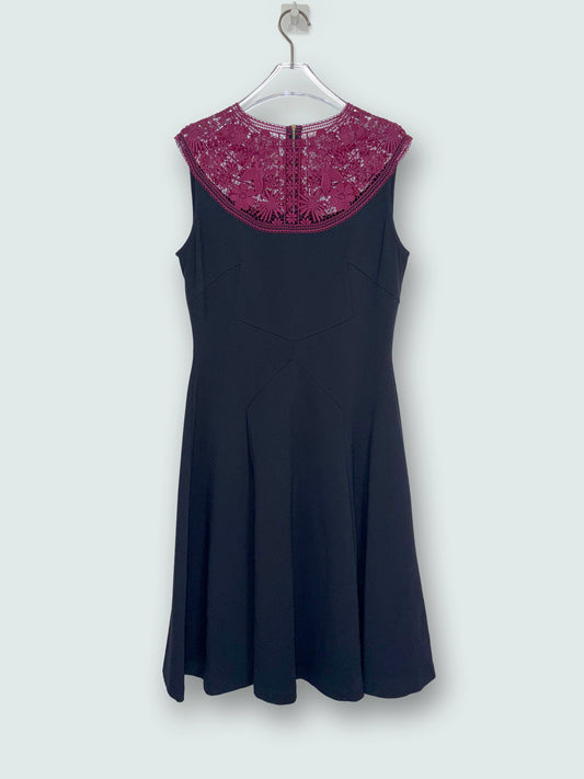 Black Burgundy Lace Accent Crew Neck Sleeve A-Line Dress |Sz UK12~ Small