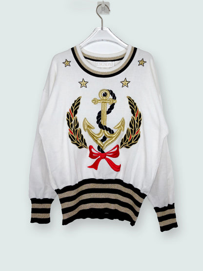 80s Vintage Sailor Nautical Anchor Embroidered Knit Sweater | Sz42~ S-L