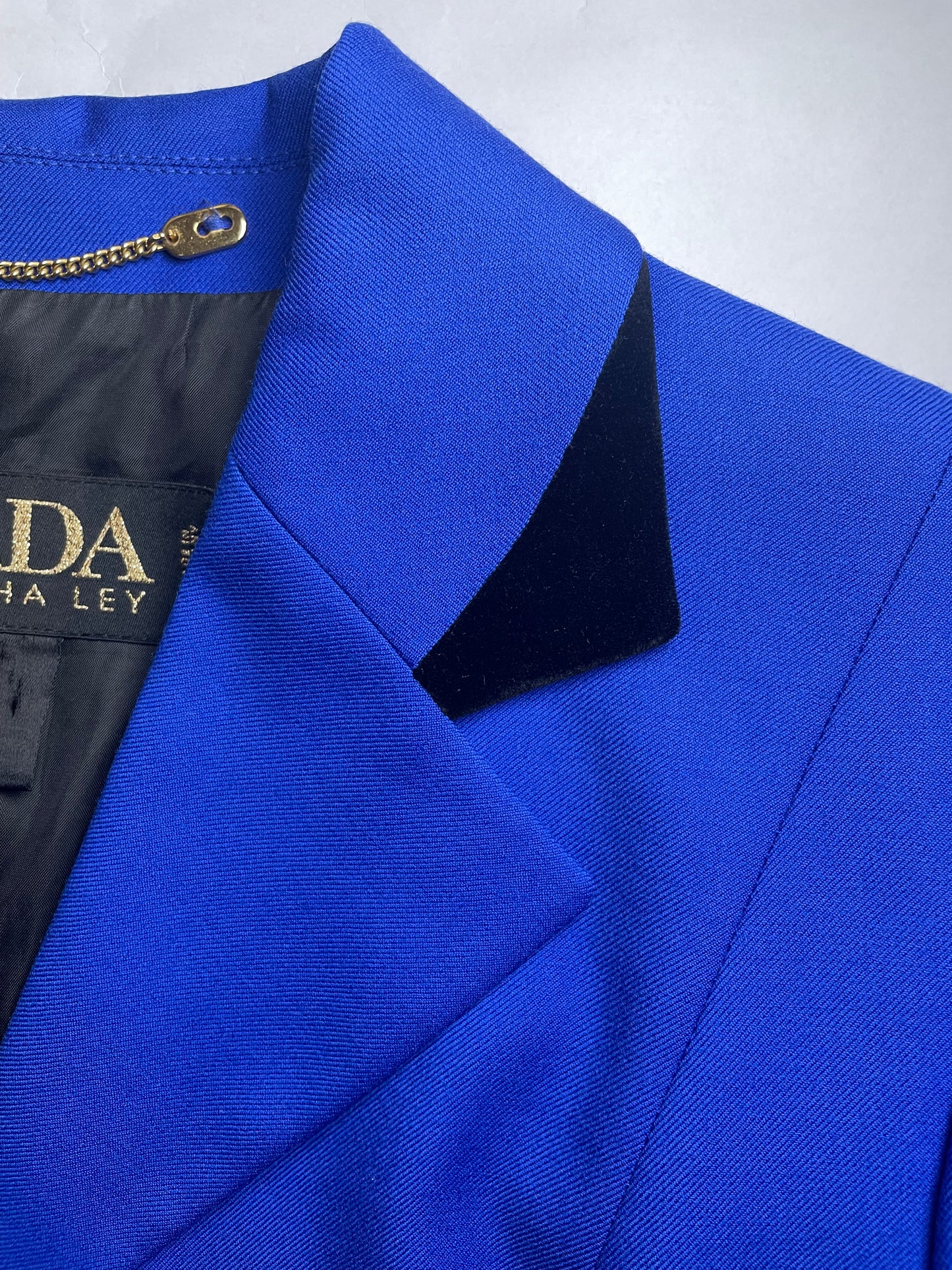 Vintage Blue Wool Tailor Blazer Jacket & Black Velvet