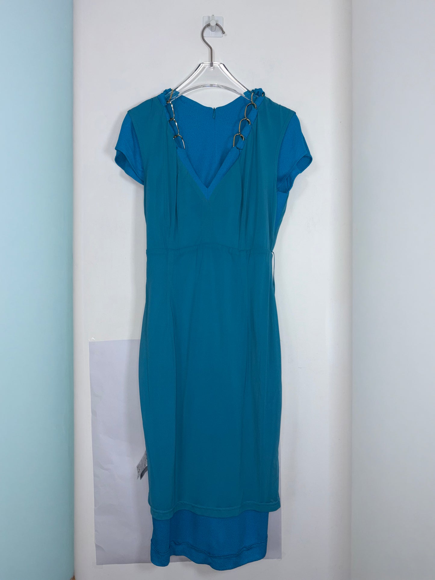 Aqua Blue Knee length Dress w/Gold Metal Chain Detail | Sz 34 ~ Small