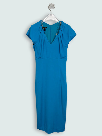 Aqua Blue Knee length Dress w/Gold Metal Chain Detail | Sz 34 ~ Small